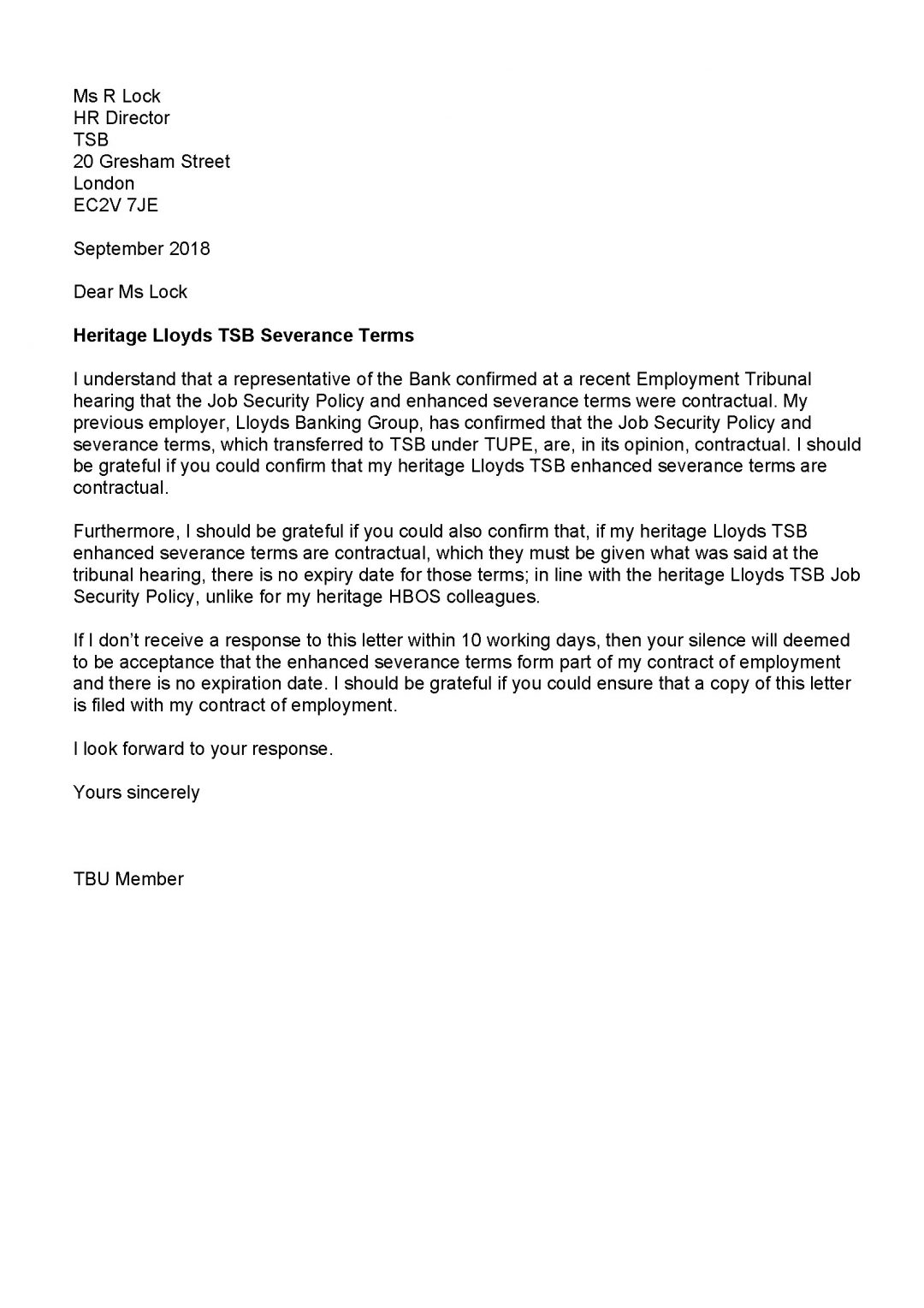 Letter To Ms R Lock, HR Director Heritage Lloyds TSB Severance Terms