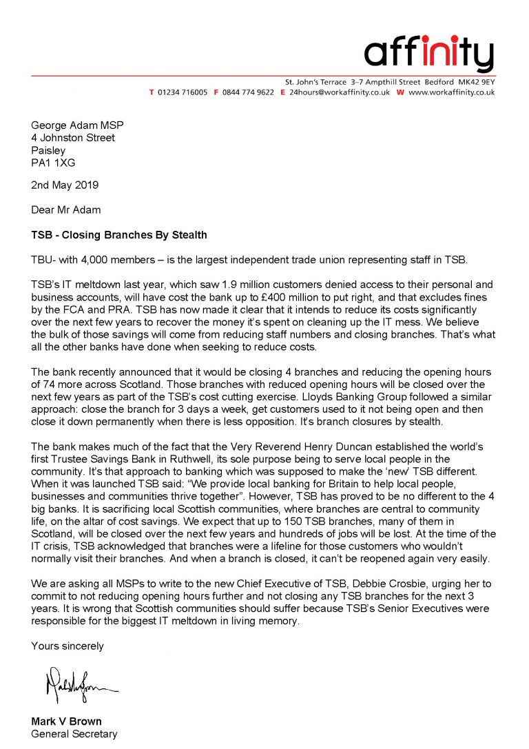 Letter To MSPs Regarding TSB Branch Closures | TBU